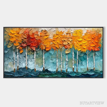 BUYARTVIEW Golden Aspen – Textured Forest Painting, Impasto , Horizontal Canvas, Autumn Decor - image 1