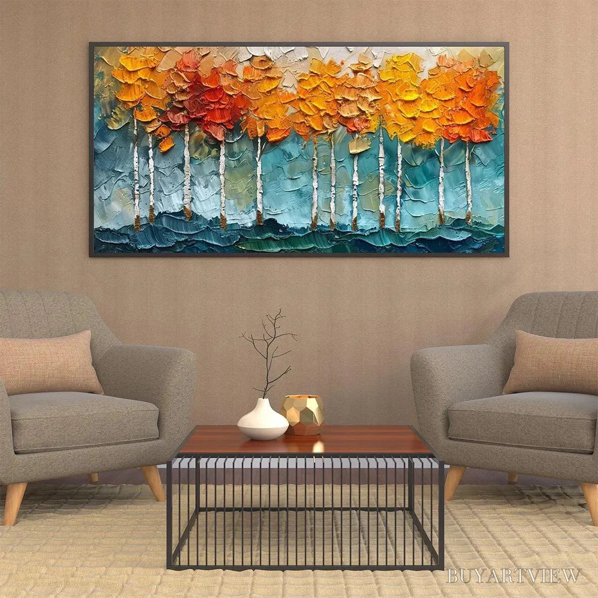 BUYARTVIEW Golden Aspen – Textured Forest Painting, Impasto , Horizontal Canvas, Autumn Decor - image 4