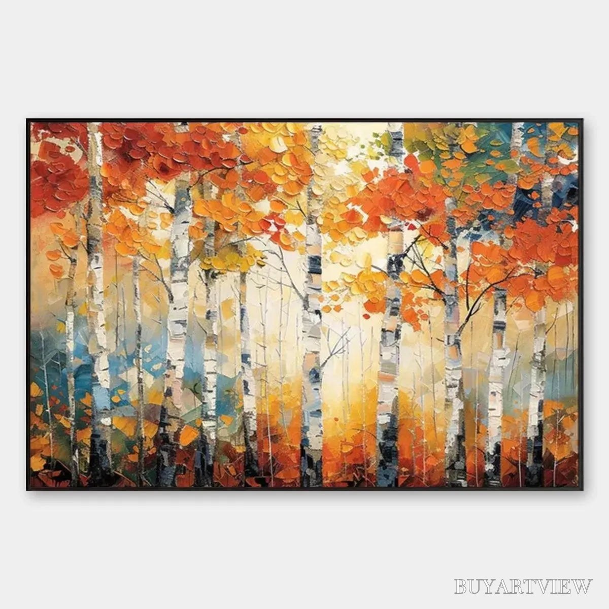 BUYARTVIEW Autumn Aspen – Textured Forest Painting, Impasto , Horizontal Canvas, Fall Decor - image 1