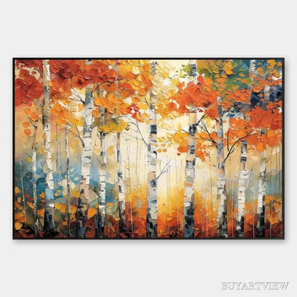 BUYARTVIEW Autumn Aspen – Textured Forest Painting, Impasto , Horizontal Canvas, Fall Decor - image 1