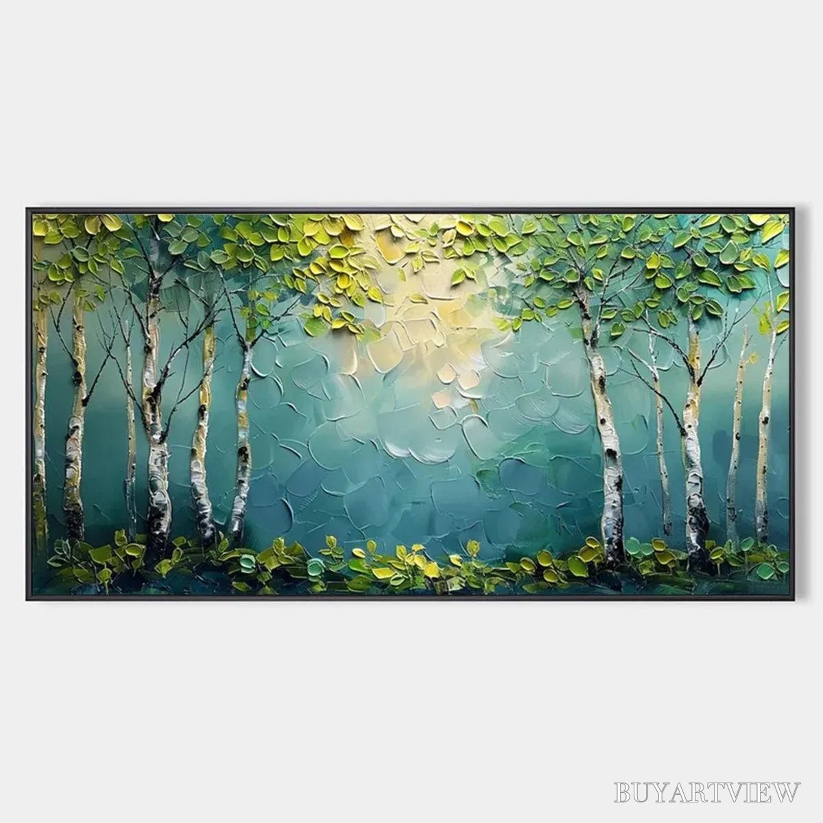 BUYARTVIEW Birch Grove – Textured Forest Painting, Impasto , Horizontal Canvas, Birch Tree Decor - image 1