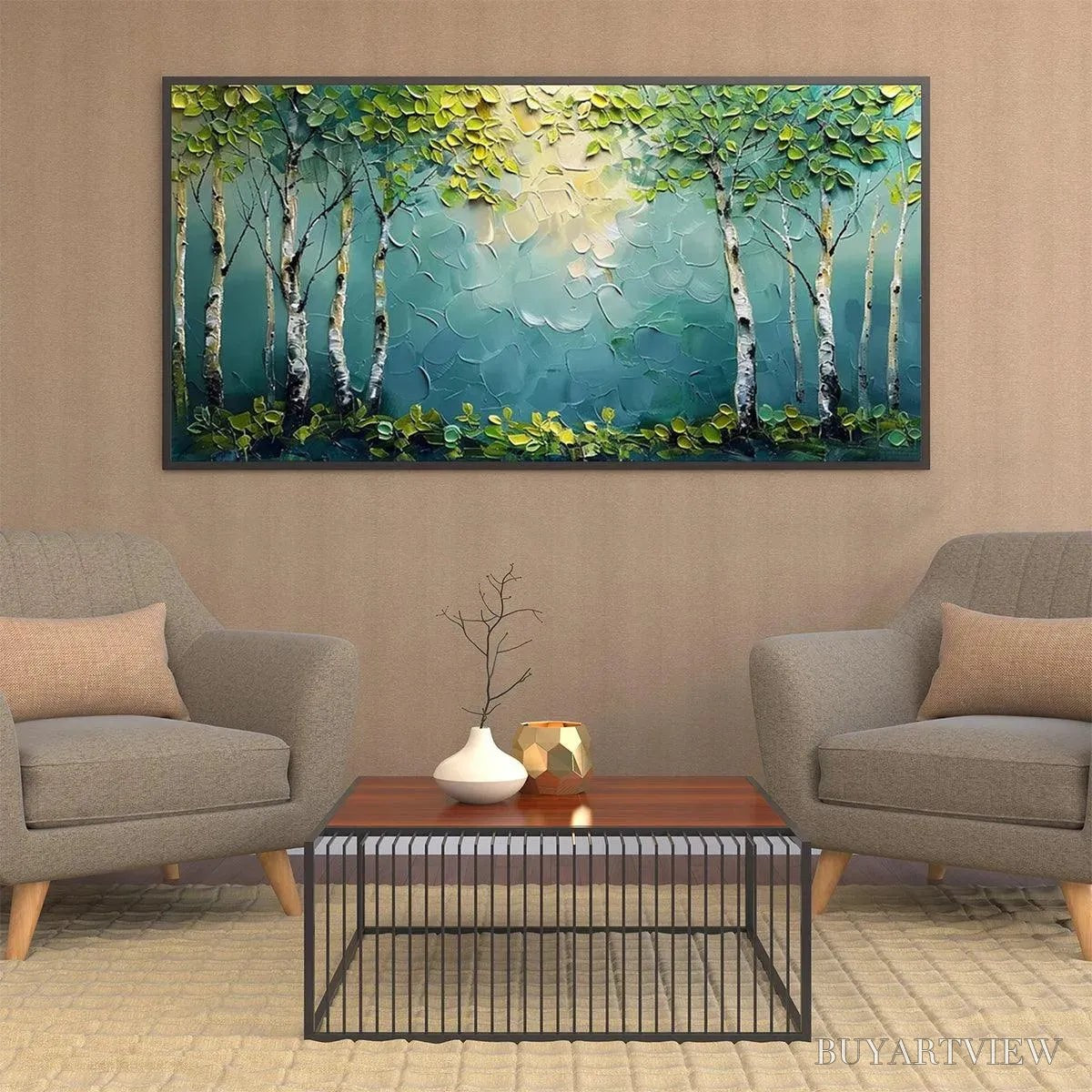 BUYARTVIEW Birch Grove – Textured Forest Painting, Impasto , Horizontal Canvas, Birch Tree Decor - image 4