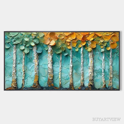BUYARTVIEW Golden Aspen Grove – Textured Forest Painting, Impasto , Horizontal Canvas, Landscape Art - image 1