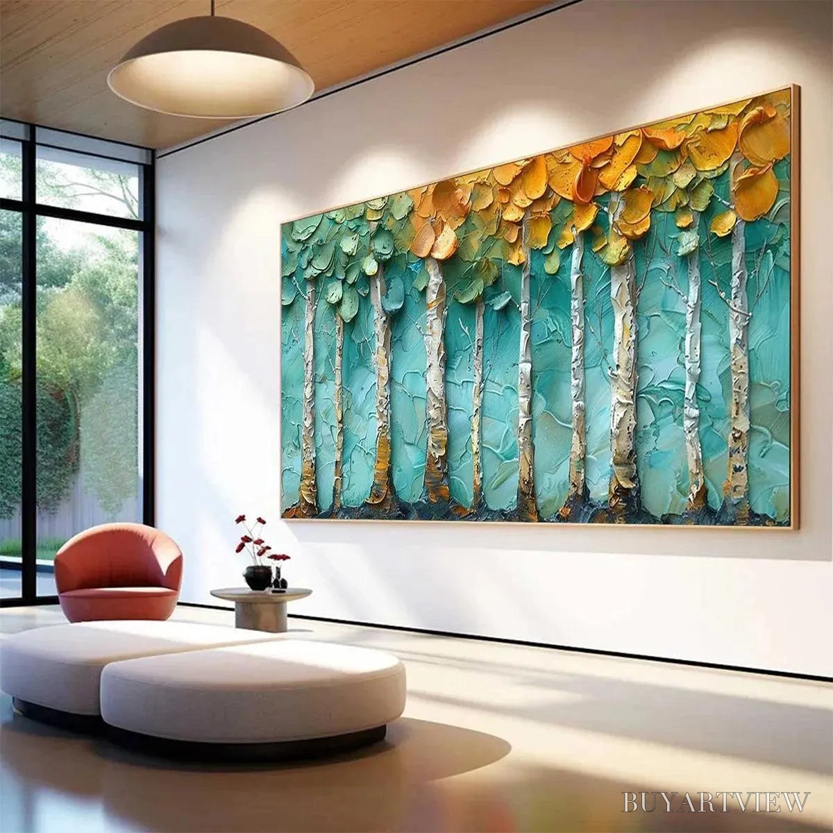 BUYARTVIEW Golden Aspen Grove – Textured Forest Painting, Impasto , Horizontal Canvas, Landscape Art - image 4