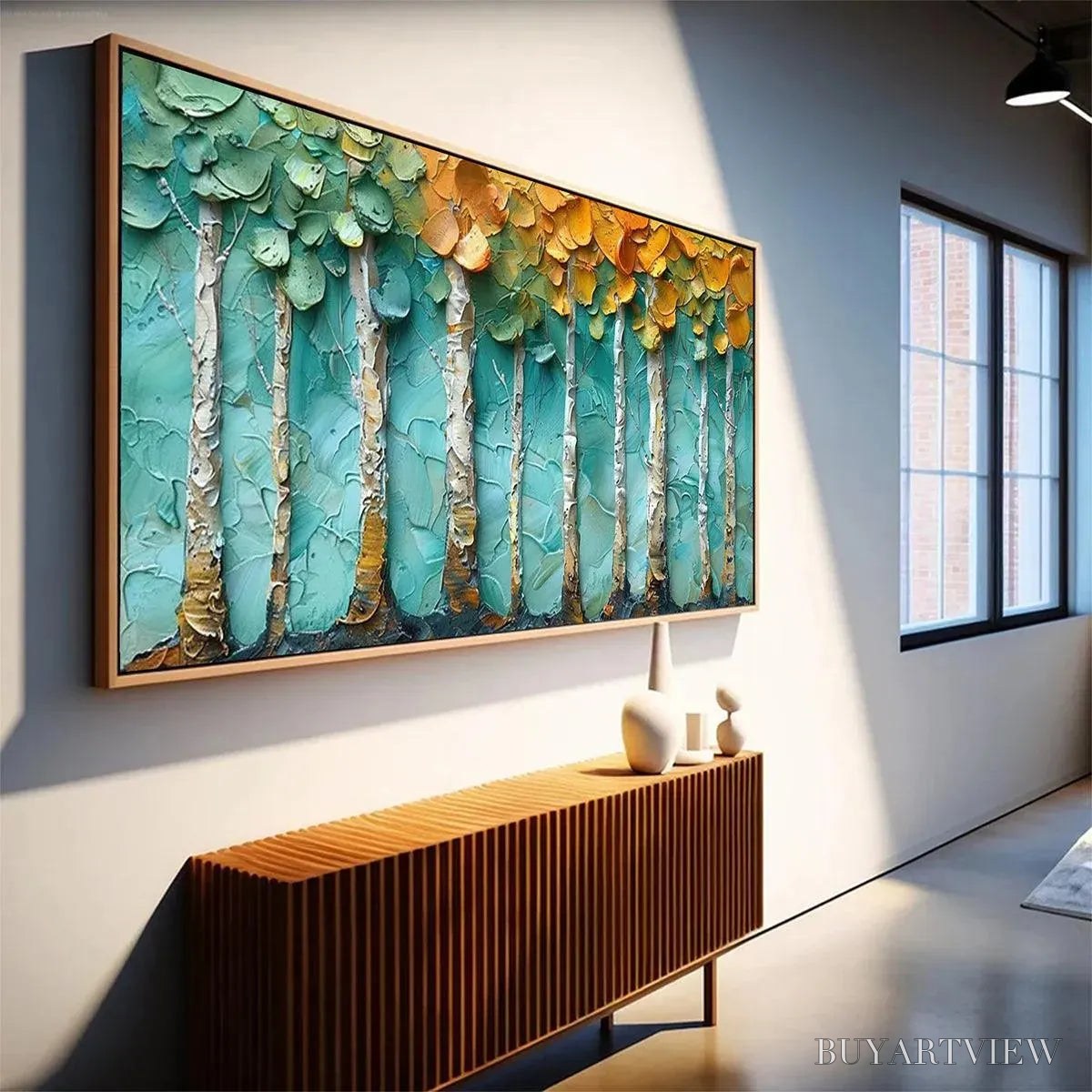 BUYARTVIEW Golden Aspen Grove – Textured Forest Painting, Impasto , Horizontal Canvas, Landscape Art - image 5