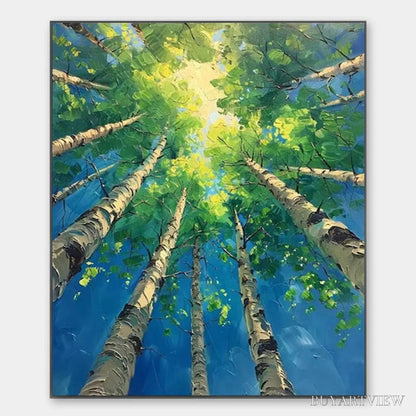 BUYARTVIEW Forest Sunrise – Textured Birch Tree Painting, Impasto , Vertical Canvas, Nature Decor - image 1