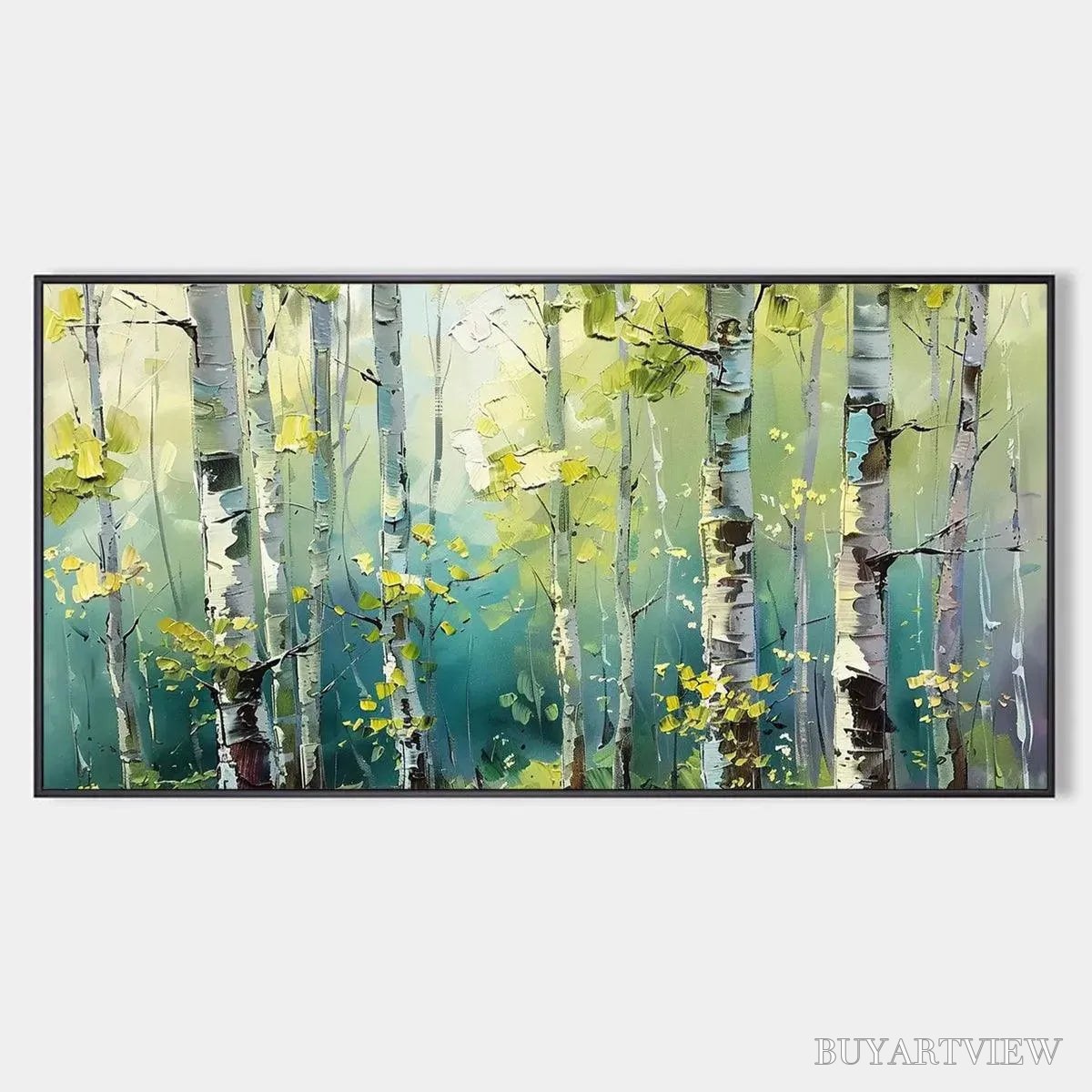 BUYARTVIEW Aspen Grove – Textured Birch Tree Painting, Green and Yellow Forest , Panoramic Canvas, Nature-Inspired Decor - image 1