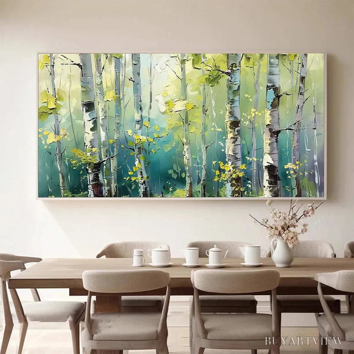 BUYARTVIEW Aspen Grove – Textured Birch Tree Painting, Green and Yellow Forest , Panoramic Canvas, Nature-Inspired Decor - image 2
