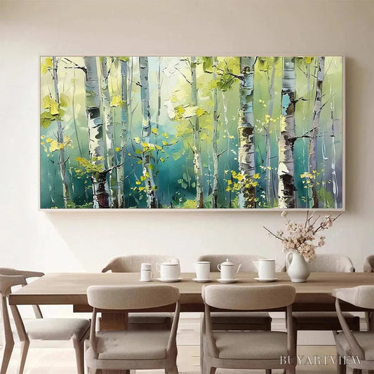 BUYARTVIEW Aspen Grove – Textured Birch Tree Painting, Green and Yellow Forest , Panoramic Canvas, Nature-Inspired Decor - image 2