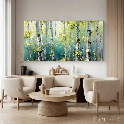 BUYARTVIEW Aspen Grove – Textured Birch Tree Painting, Green and Yellow Forest , Panoramic Canvas, Nature-Inspired Decor - image 4