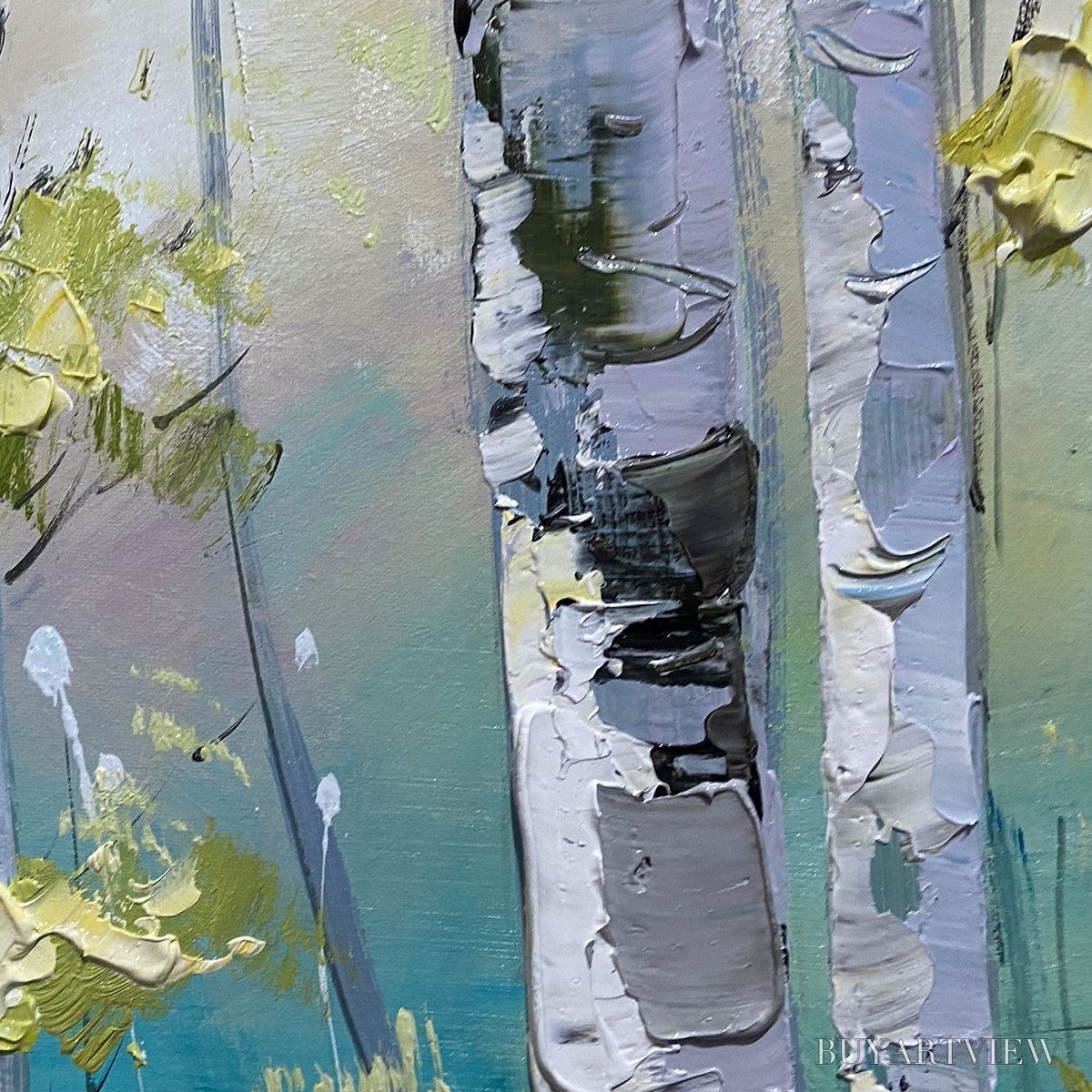 BUYARTVIEW Aspen Grove – Textured Birch Tree Painting, Green and Yellow Forest , Panoramic Canvas, Nature-Inspired Decor - image 6