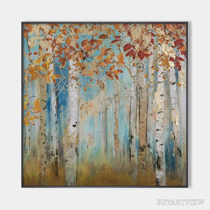 BUYARTVIEW Golden Autumn Forest – Textured Autumn Forest Painting, Square - image 1