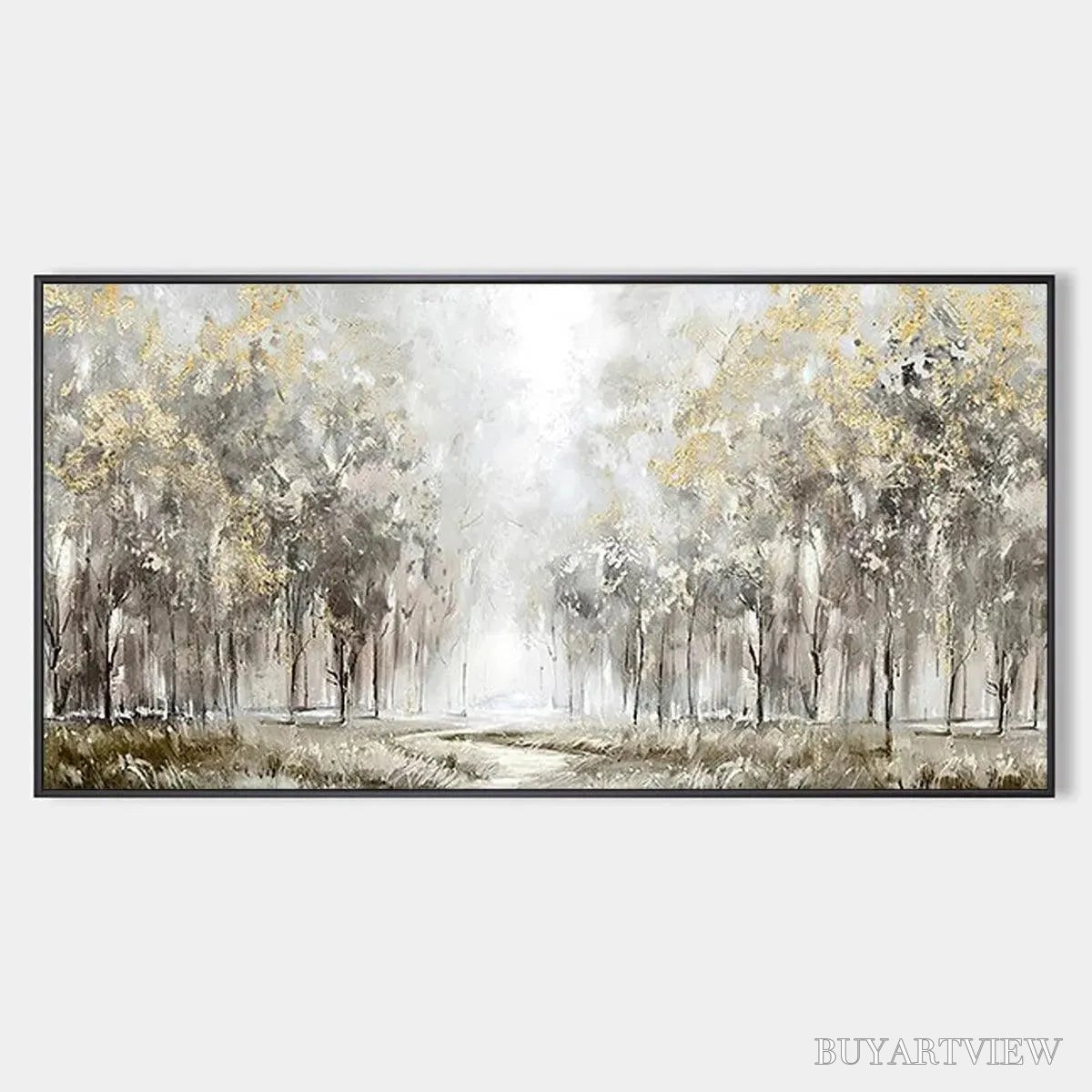 BUYARTVIEW Golden Forest Path – Textured Forest Landscape Painting, Panoramic - image 1