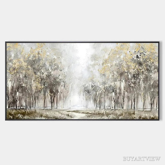 BUYARTVIEW Golden Forest Path – Textured Forest Landscape Painting, Panoramic - image 1