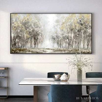 BUYARTVIEW Golden Forest Path – Textured Forest Landscape Painting, Panoramic - image 2