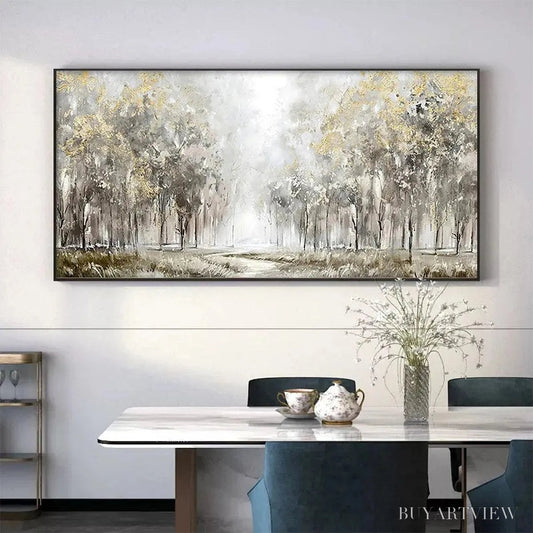 BUYARTVIEW Golden Forest Path – Textured Forest Landscape Painting, Panoramic - image 2