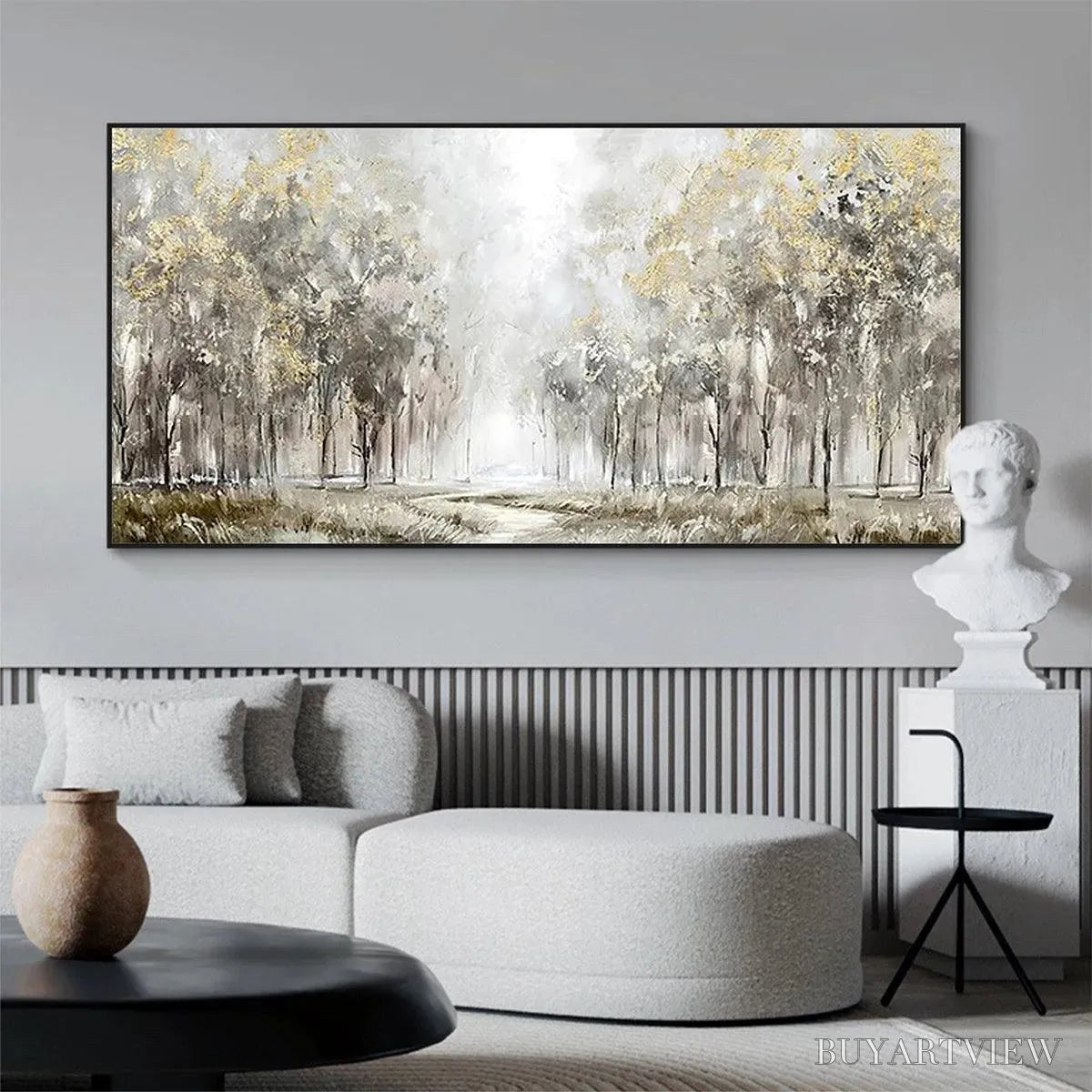 BUYARTVIEW Golden Forest Path – Textured Forest Landscape Painting, Panoramic - image 6