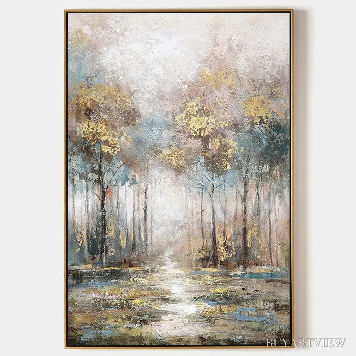 BUYARTVIEW Golden Forest Path – Textured Forest Landscape Painting, Vertical - image 1