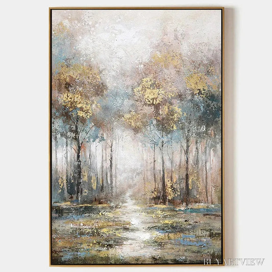 BUYARTVIEW Golden Forest Path – Textured Forest Landscape Painting, Vertical - image 1