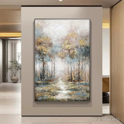 BUYARTVIEW Golden Forest Path – Textured Forest Landscape Painting, Vertical - image 2