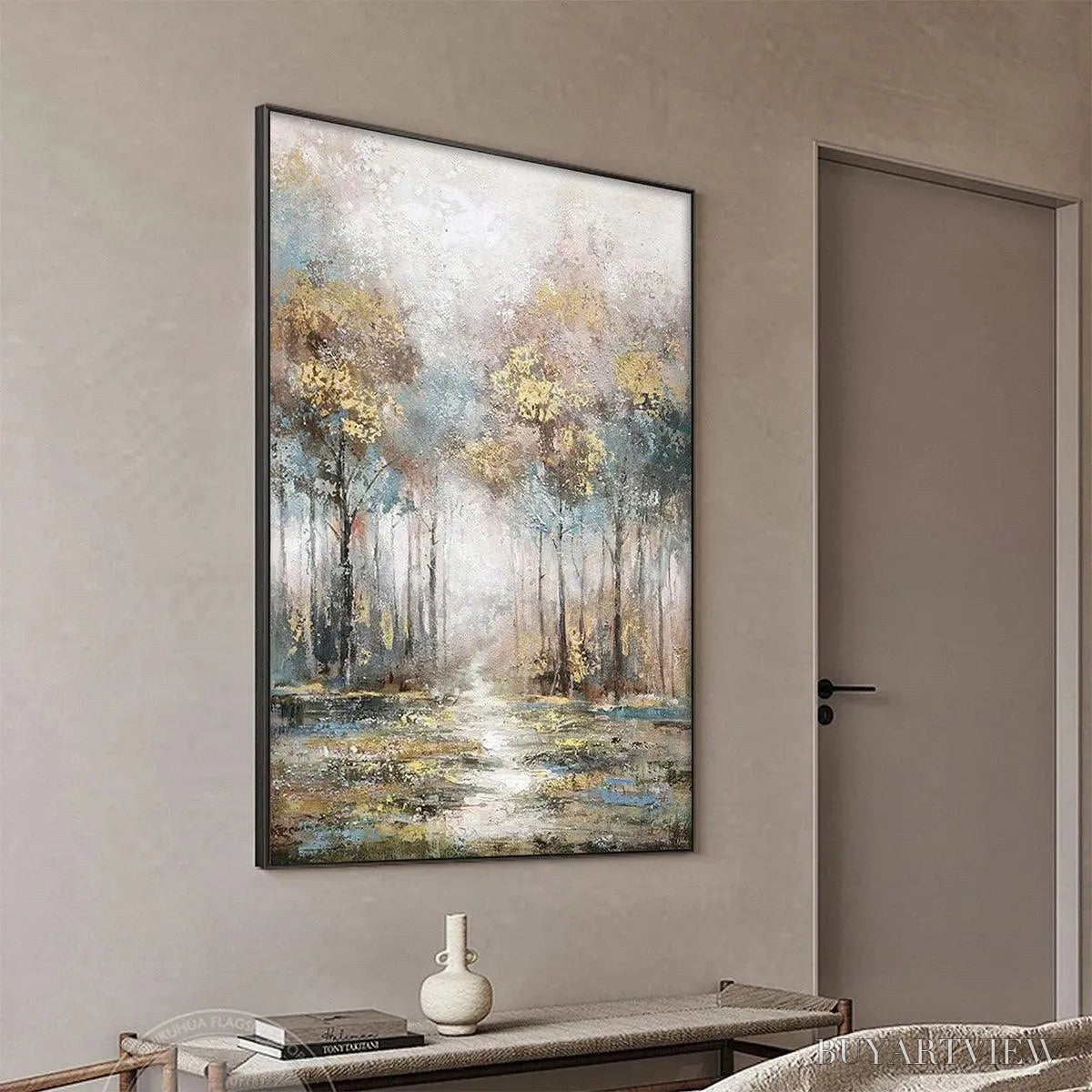 BUYARTVIEW Golden Forest Path – Textured Forest Landscape Painting, Vertical - image 6