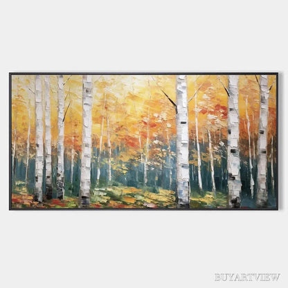 BUYARTVIEW Golden Birch Grove – Forest Painting in Yellow and White - image 1