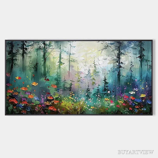 BUYARTVIEW Whispering Woods – Impressionistic Forest Landscape Painting with Colorful Wildflowers - image 1