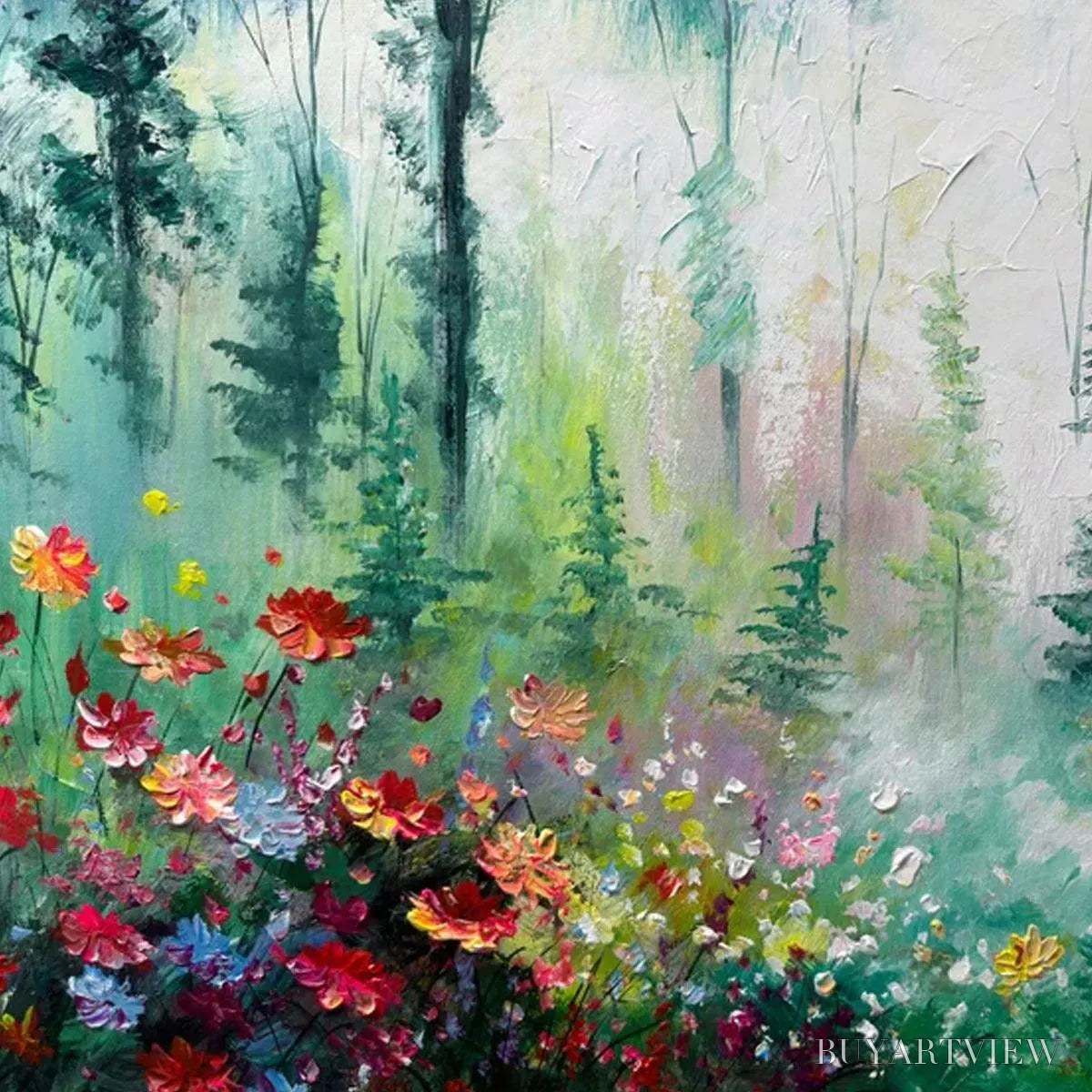 BUYARTVIEW Whispering Woods – Impressionistic Forest Landscape Painting with Colorful Wildflowers - image 3