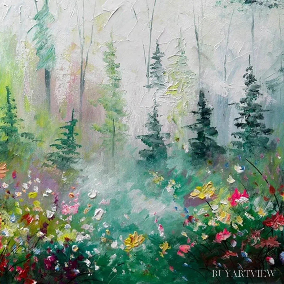 BUYARTVIEW Whispering Woods – Impressionistic Forest Landscape Painting with Colorful Wildflowers - image 5