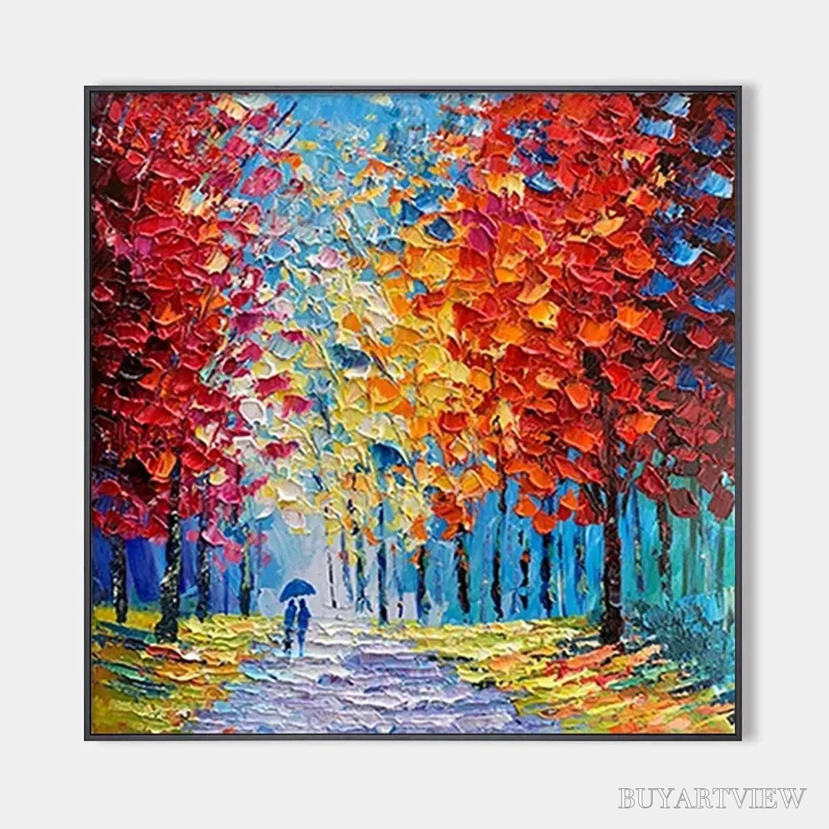 BUYARTVIEW Autumn Walk – Textured Impasto Painting of a Couple Walking in an Autumn Forest - image 1