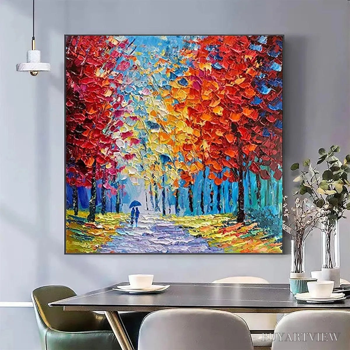 BUYARTVIEW Autumn Walk – Textured Impasto Painting of a Couple Walking in an Autumn Forest - image 3