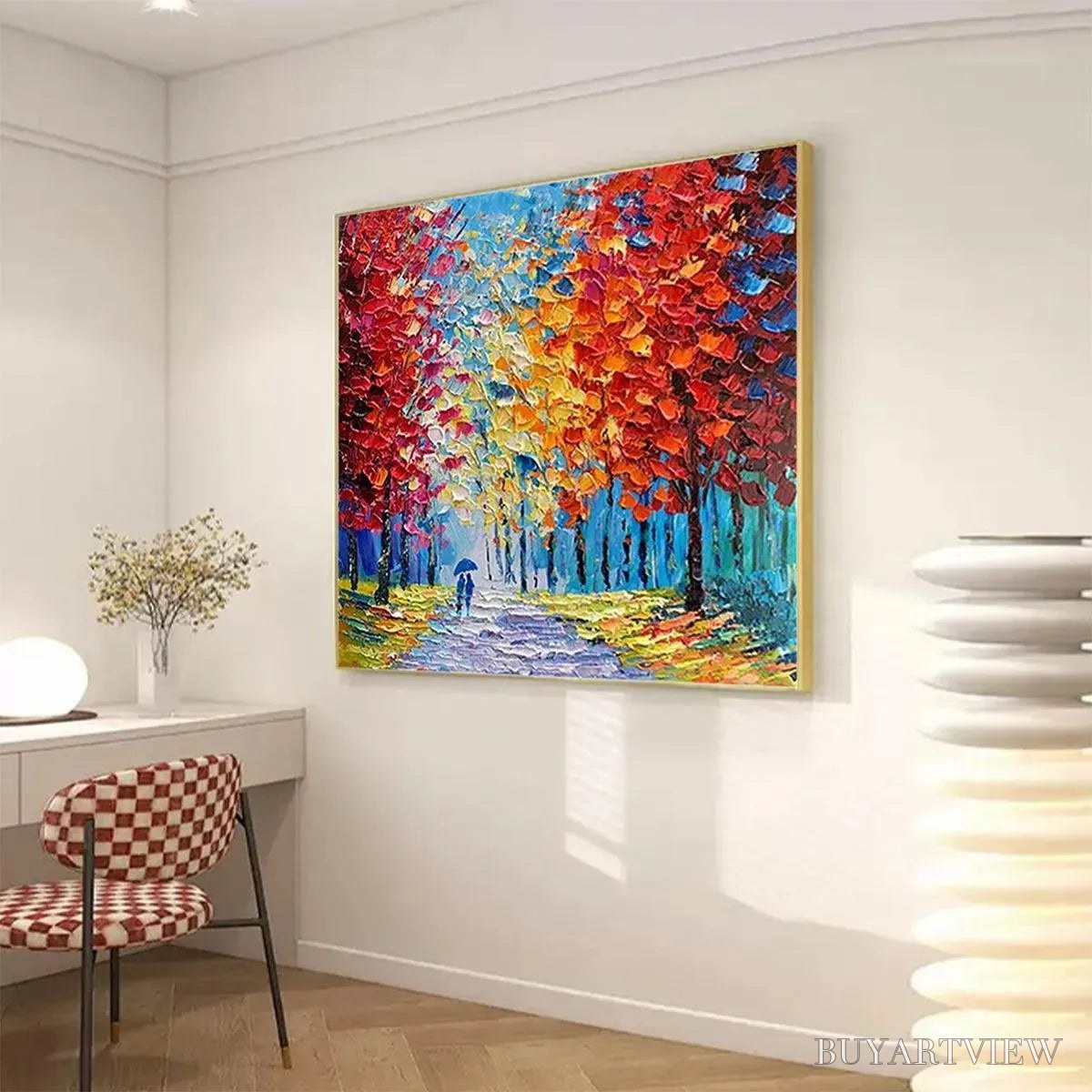 BUYARTVIEW Autumn Walk – Textured Impasto Painting of a Couple Walking in an Autumn Forest - image 4