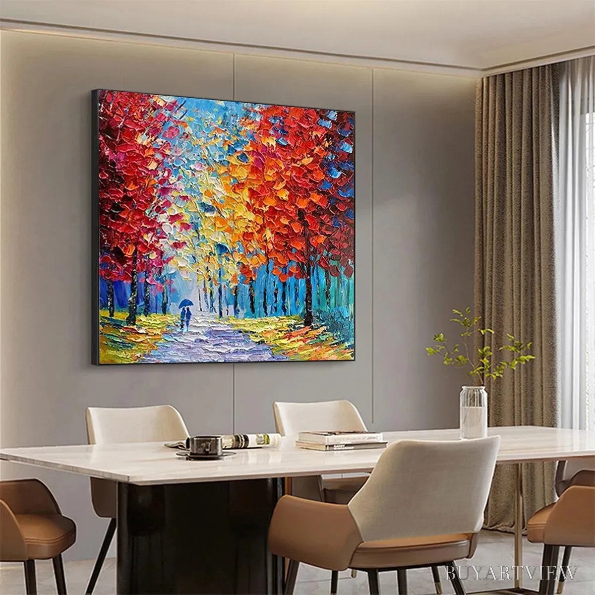 BUYARTVIEW Autumn Walk – Textured Impasto Painting of a Couple Walking in an Autumn Forest - image 5
