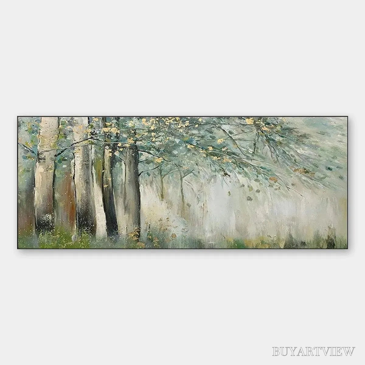 BUYARTVIEW Whispering Woods – Serene Green and Gold Forest Landscape Painting - image 1
