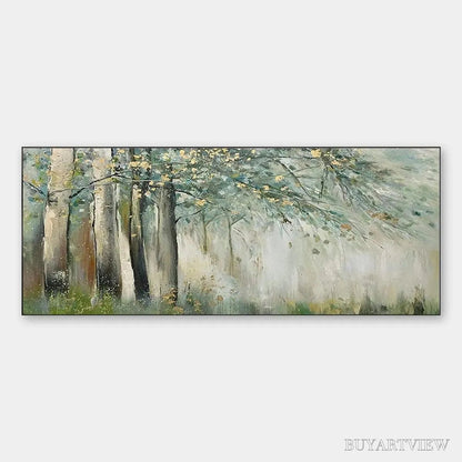 BUYARTVIEW Whispering Woods – Serene Green and Gold Forest Landscape Painting - image 1