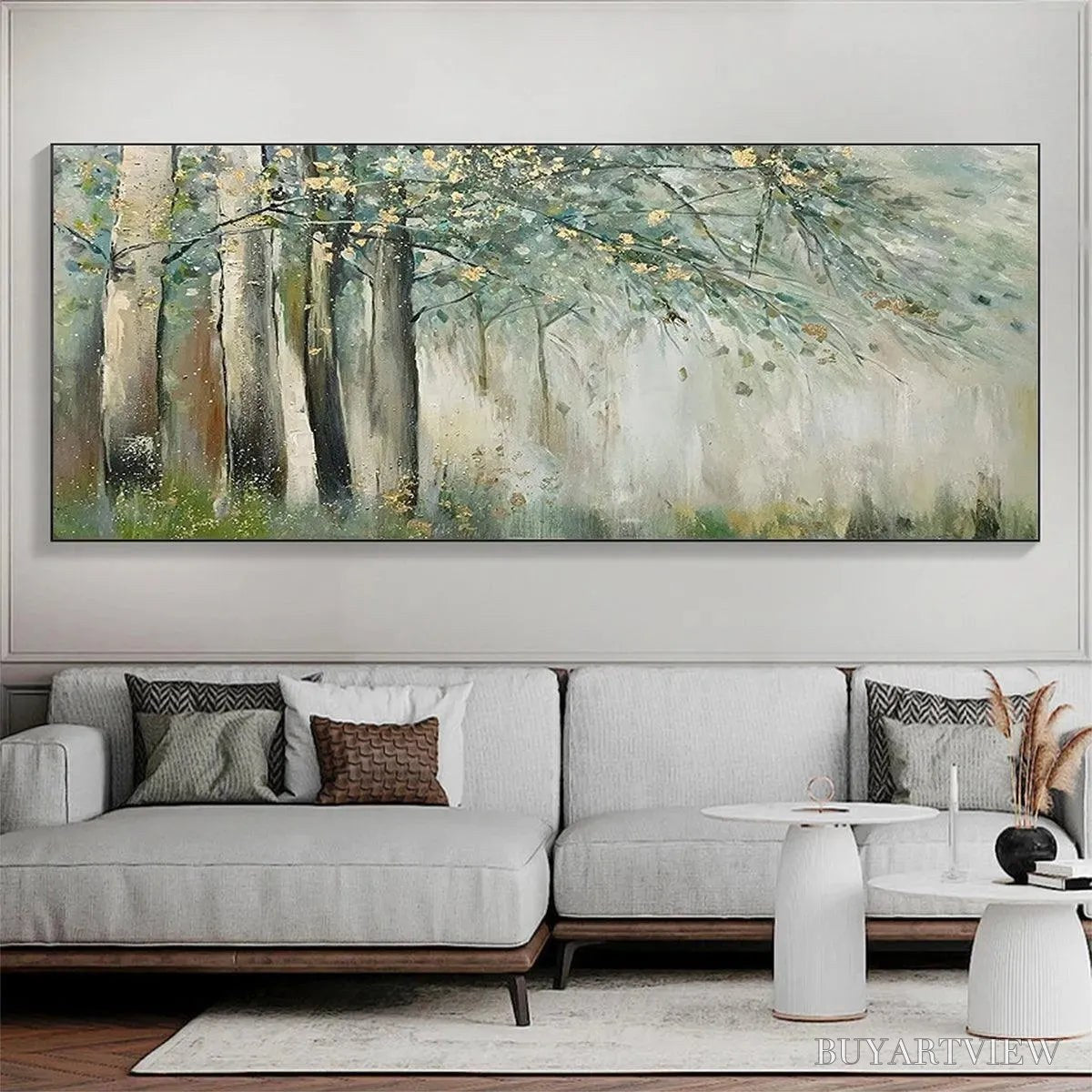 BUYARTVIEW Whispering Woods – Serene Green and Gold Forest Landscape Painting - image 2