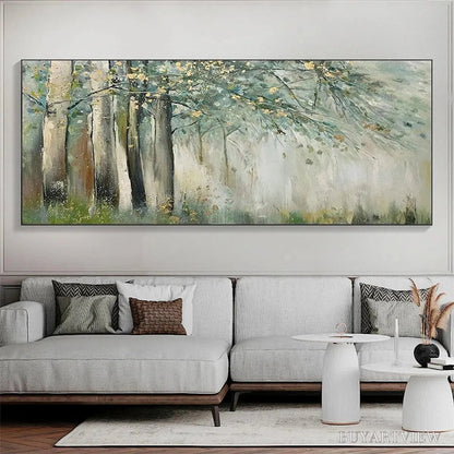 BUYARTVIEW Whispering Woods – Serene Green and Gold Forest Landscape Painting - image 2