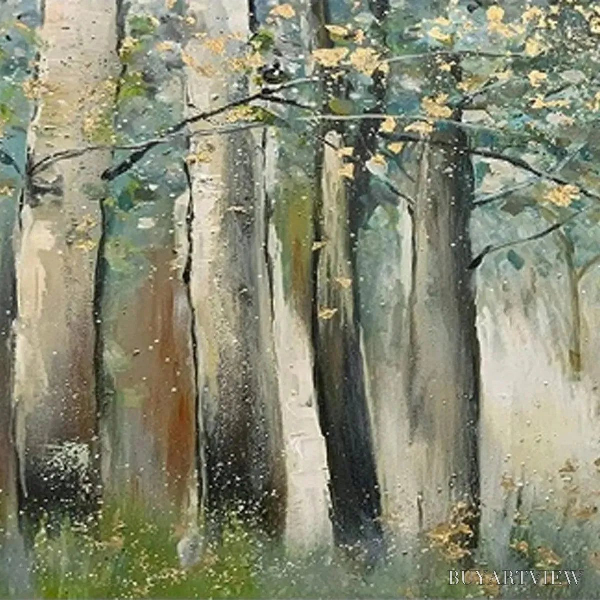 BUYARTVIEW Whispering Woods – Serene Green and Gold Forest Landscape Painting - image 4
