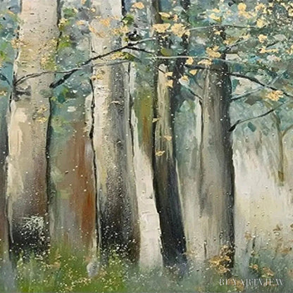 BUYARTVIEW Whispering Woods – Serene Green and Gold Forest Landscape Painting - image 4