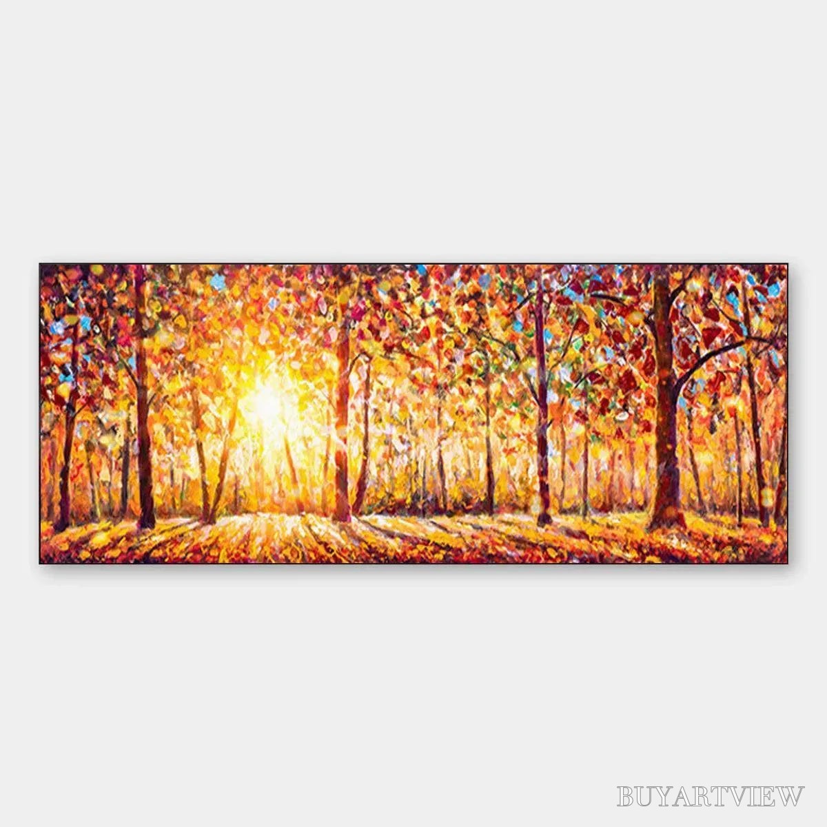 BUYARTVIEW Autumn Sunrise – Panoramic Forest Landscape Painting in Orange and Yellow - image 1