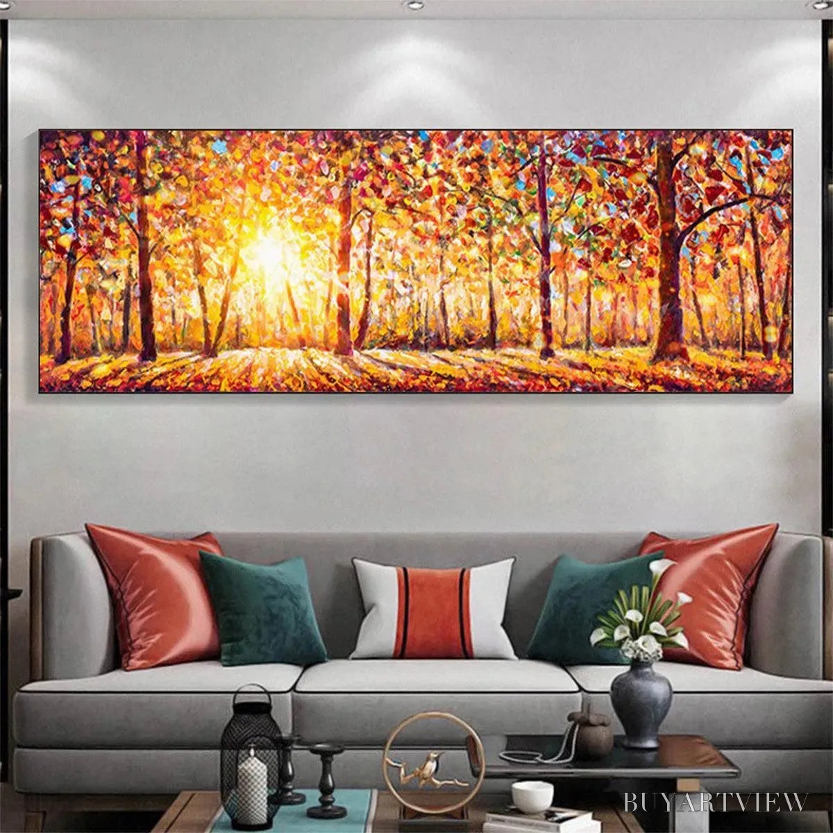 BUYARTVIEW Autumn Sunrise – Panoramic Forest Landscape Painting in Orange and Yellow - image 2