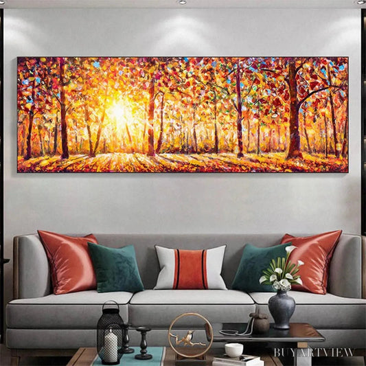 BUYARTVIEW Autumn Sunrise – Panoramic Forest Landscape Painting in Orange and Yellow - image 2