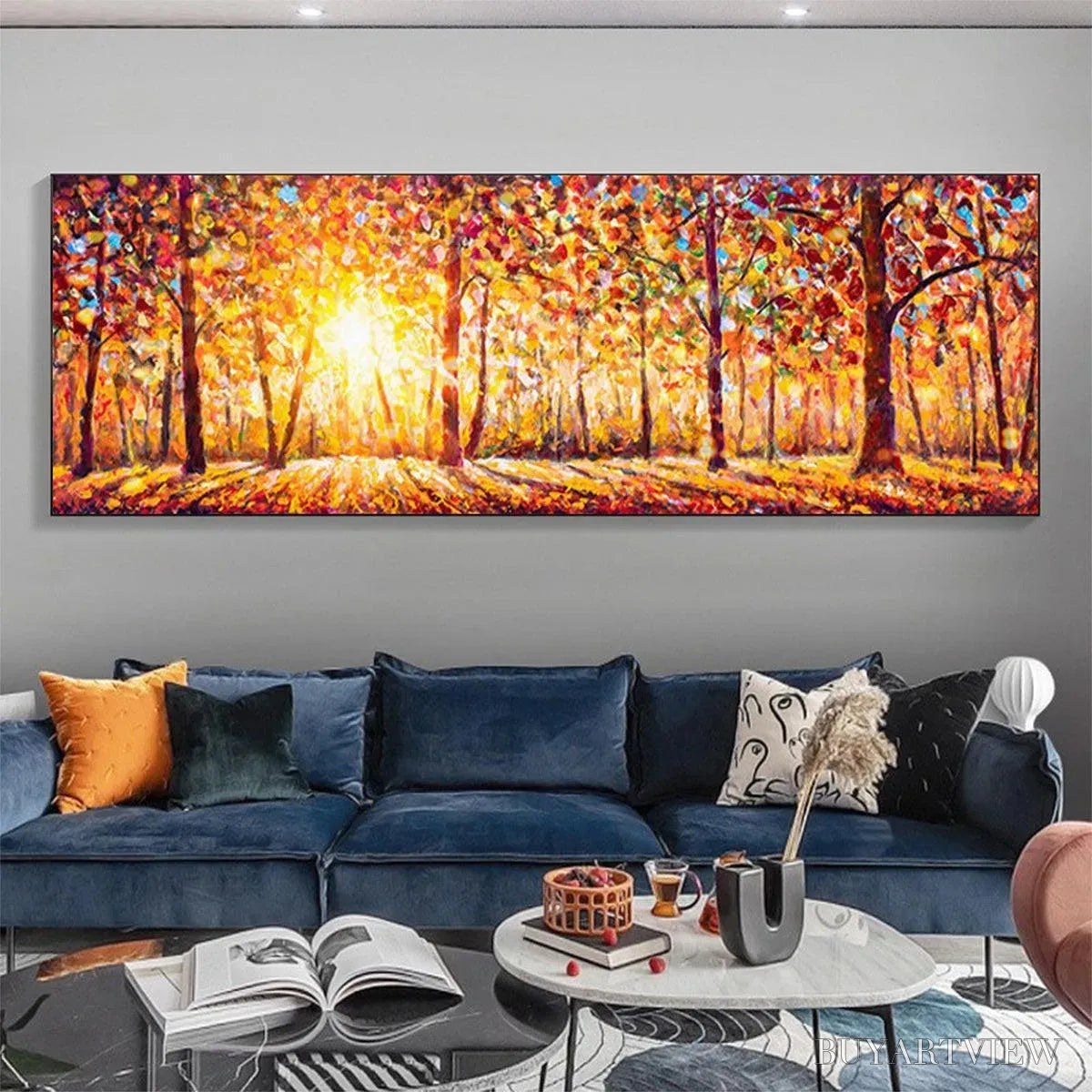 BUYARTVIEW Autumn Sunrise – Panoramic Forest Landscape Painting in Orange and Yellow - image 4