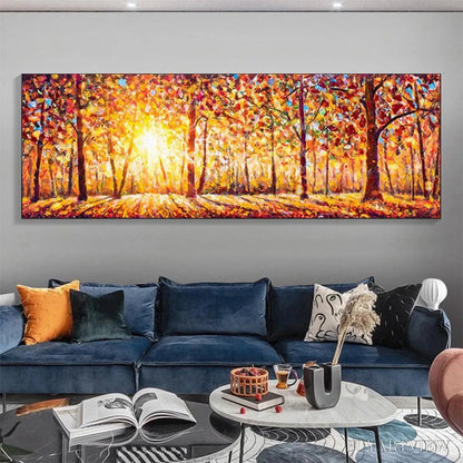 BUYARTVIEW Autumn Sunrise – Panoramic Forest Landscape Painting in Orange and Yellow - image 4