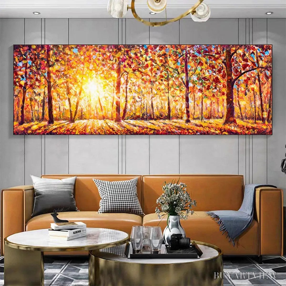 BUYARTVIEW Autumn Sunrise – Panoramic Forest Landscape Painting in Orange and Yellow - image 5