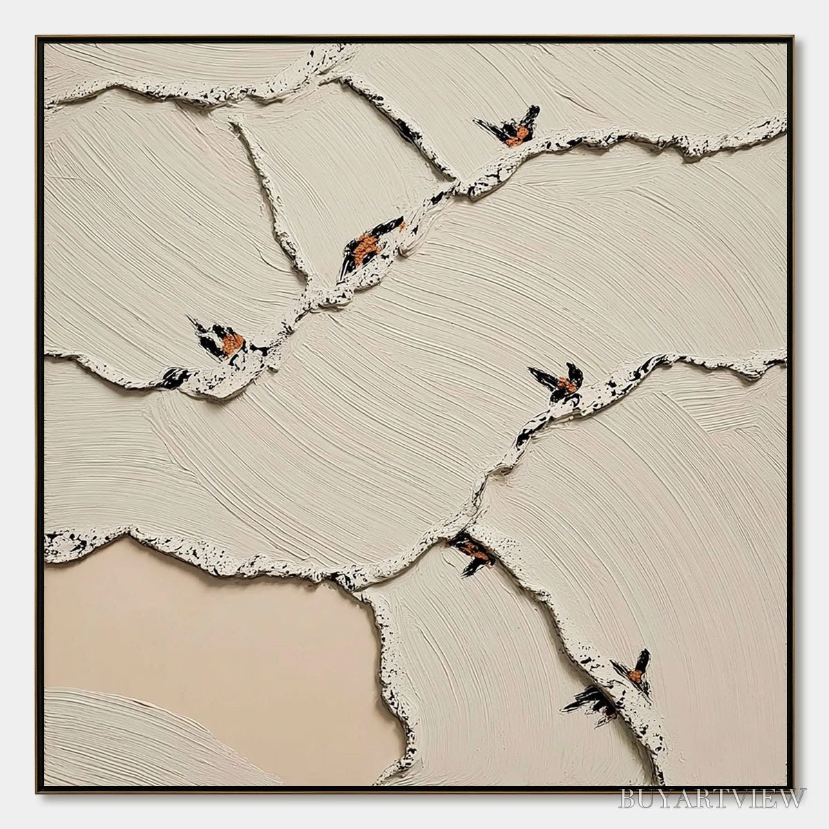 BUYARTVIEW Fragments of Dawn – Textured Wabi Sabi Painting of Perched Birds - image 1