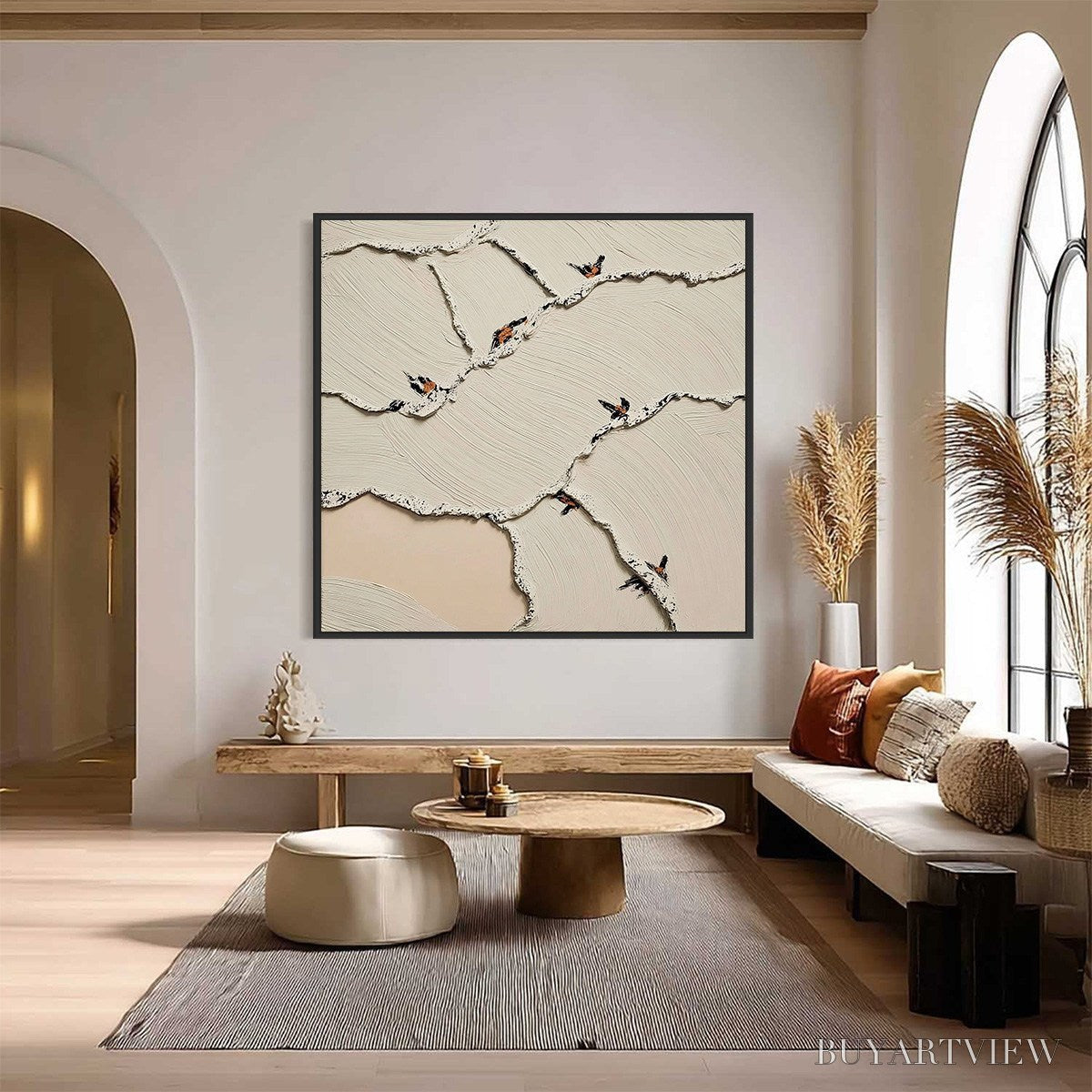 BUYARTVIEW Fragments of Dawn – Textured Wabi Sabi Painting of Perched Birds - image 2