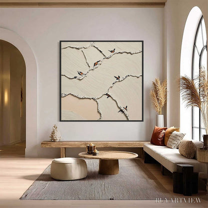 BUYARTVIEW Fragments of Dawn – Textured Wabi Sabi Painting of Perched Birds - image 2