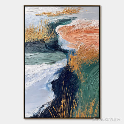BUYARTVIEW Golden Estuary – Textured Abstract River Landscape Painting - image 1