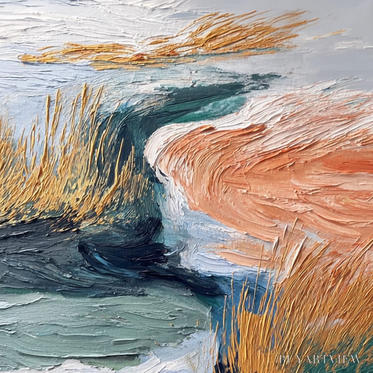 BUYARTVIEW Golden Estuary – Textured Abstract River Landscape Painting - image 3